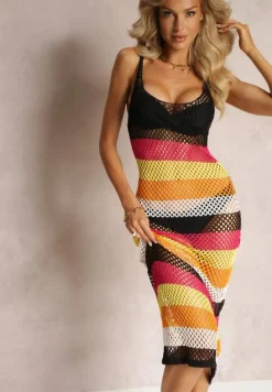 Wielokolorowa Ażurowa Sukienka w Paski na Ramiączkach Yariushva