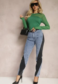 Zielona Asymetryczna Bluzka z Gładkiej Wiskozy z Rękawami z Siateczki Bangella