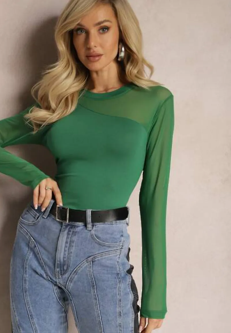 Zielona Asymetryczna Bluzka z Gładkiej Wiskozy z Rękawami z Siateczki Bangella