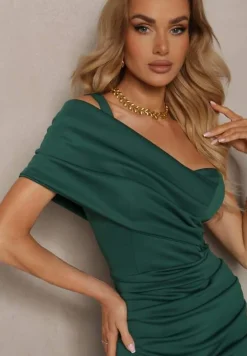 Zielona Asymetryczna Sukienka Koktajlowa z Rozcięciem i Marszczeniem Kremelia