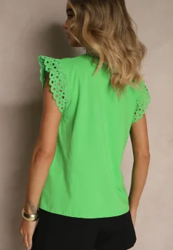 Zielona Bawełniana Bluzka z Krótkim Rękawem z Ażurowej Falbanki Voanira