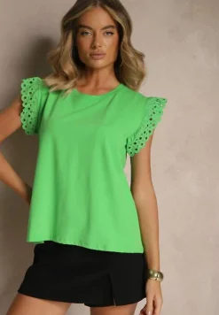 Zielona Bawełniana Bluzka z Krótkim Rękawem z Ażurowej Falbanki Voanira