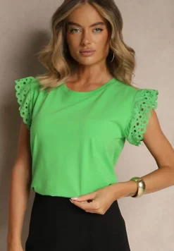 Zielona Bawełniana Bluzka z Krótkim Rękawem z Ażurowej Falbanki Voanira
