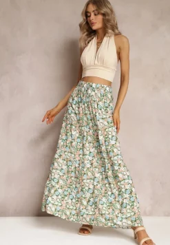 Zielona Bawełniana Spódnica Maxi z Troczkiem i Printem w Kwiaty Yibji
