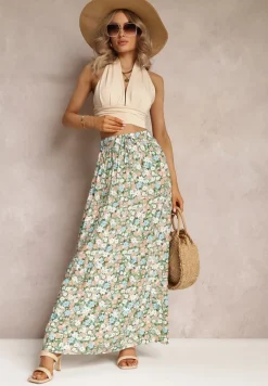 Zielona Bawełniana Spódnica Maxi z Troczkiem i Printem w Kwiaty Yibji