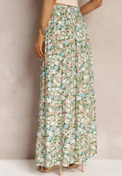 Zielona Bawełniana Spódnica Maxi z Troczkiem i Printem w Kwiaty Yibji