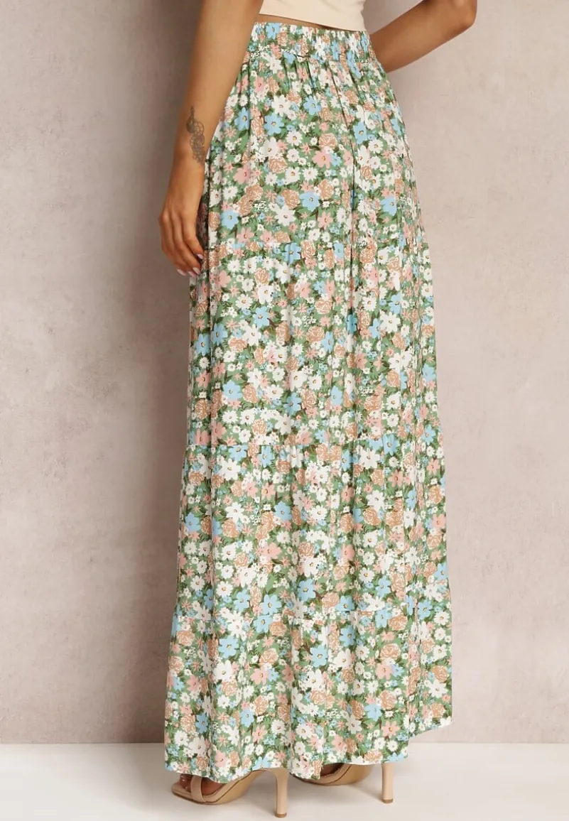 Zielona Bawełniana Spódnica Maxi z Troczkiem i Printem w Kwiaty Yibji