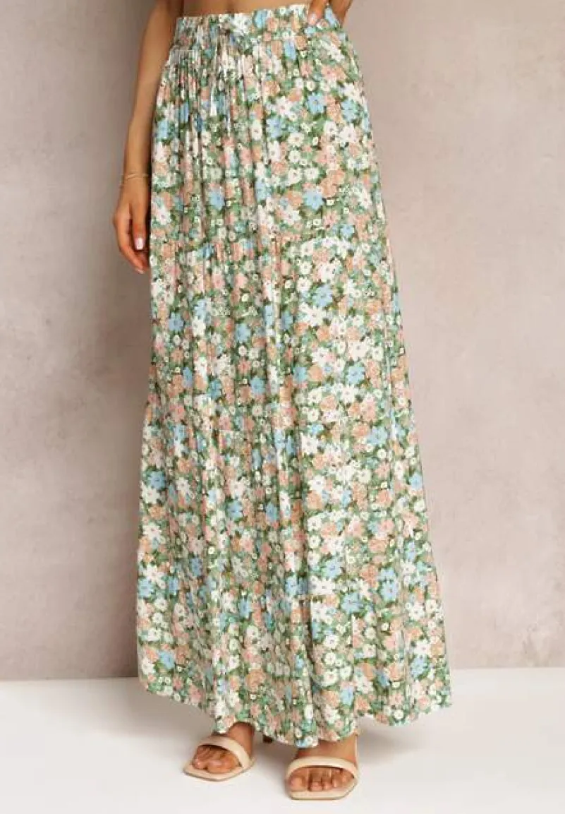 Zielona Bawełniana Spódnica Maxi z Troczkiem i Printem w Kwiaty Yibji