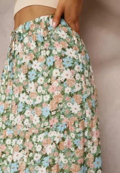 Zielona Bawełniana Spódnica Maxi z Troczkiem i Printem w Kwiaty Yibji
