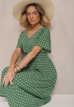 Zielona Bawełniana Sukienka o Rozkloszowanym Fasonie w Kropki Tolimirae