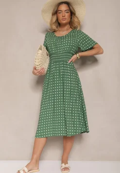 Zielona Bawełniana Sukienka o Rozkloszowanym Fasonie w Kropki Tolimirae