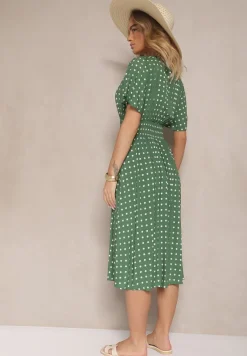 Zielona Bawełniana Sukienka o Rozkloszowanym Fasonie w Kropki Tolimirae