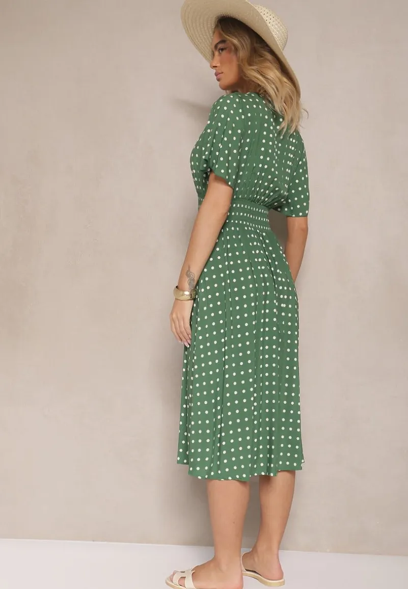 Zielona Bawełniana Sukienka o Rozkloszowanym Fasonie w Kropki Tolimirae