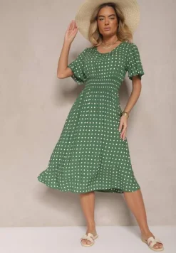 Zielona Bawełniana Sukienka o Rozkloszowanym Fasonie w Kropki Tolimirae