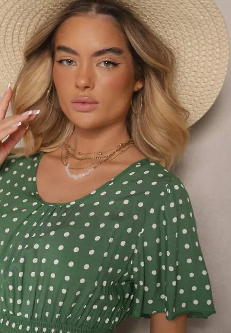 Zielona Bawełniana Sukienka o Rozkloszowanym Fasonie w Kropki Tolimirae