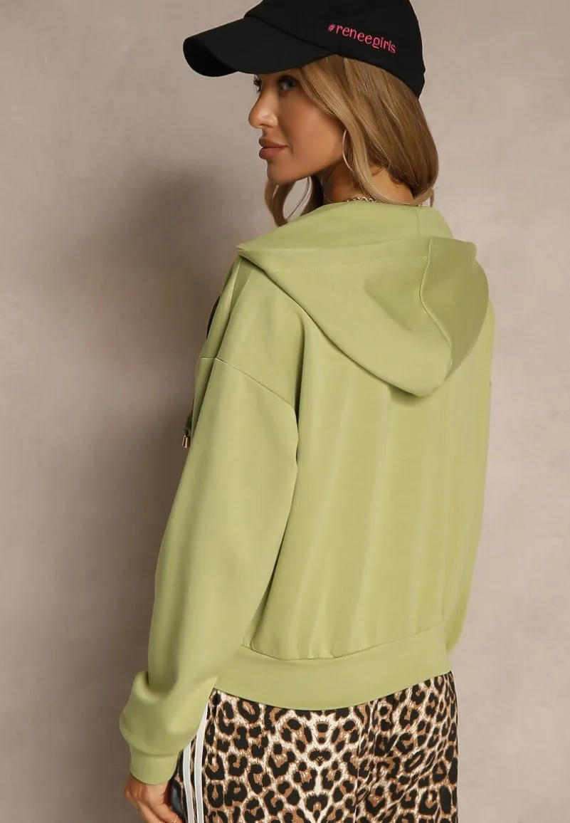 Zielona Bluza Rozpinana z Kieszeniami i Kapturem ze Wstążką Orivessa