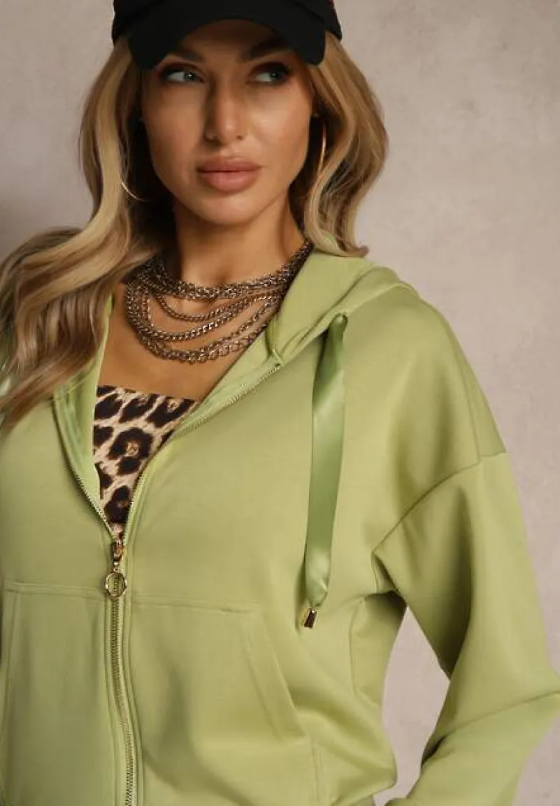 Zielona Bluza Rozpinana z Kieszeniami i Kapturem ze Wstążką Orivessa