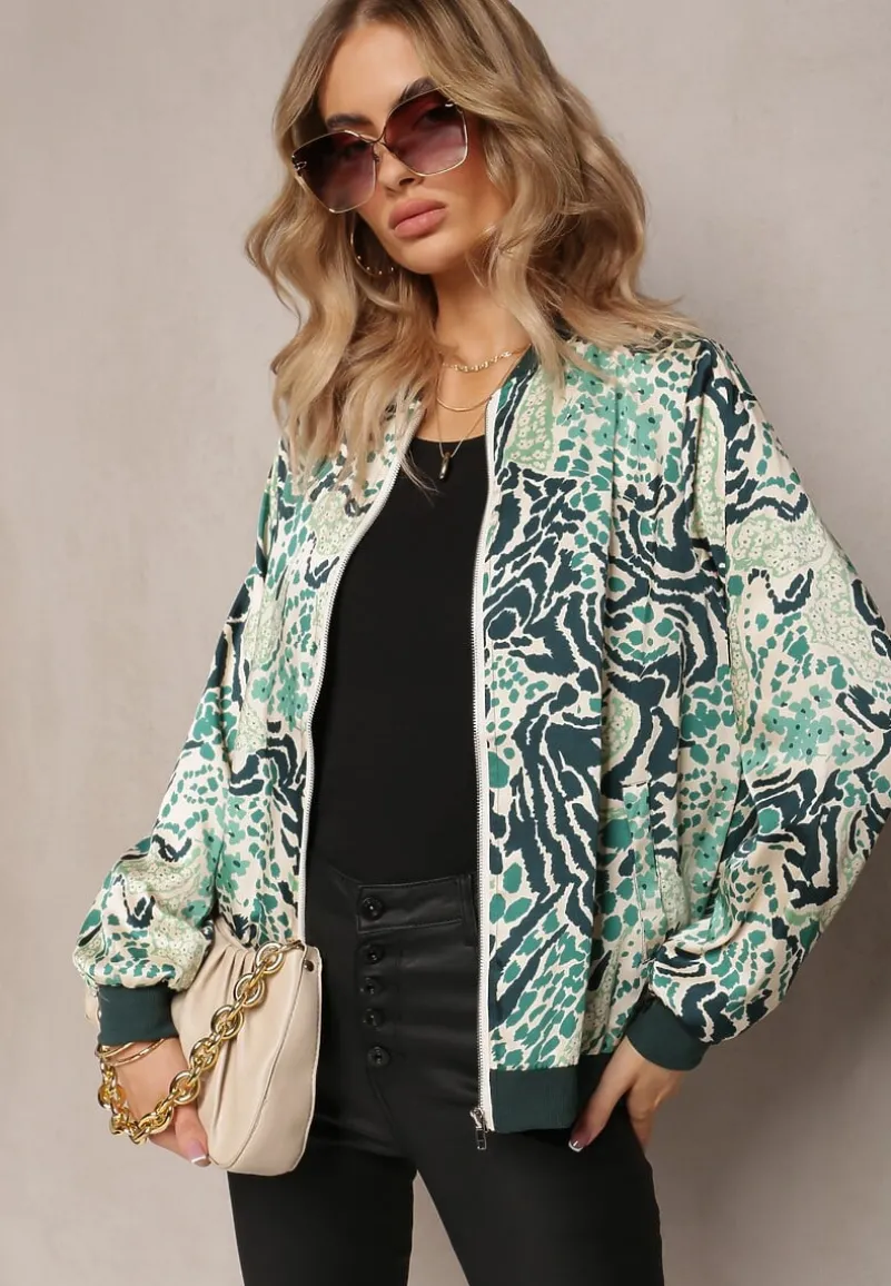 Zielona Bluza w Stylu Bomberki Ozdobiona Abstrakcyjnym Wzorem Terenika