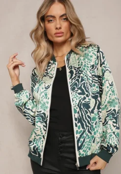 Zielona Bluza w Stylu Bomberki Ozdobiona Abstrakcyjnym Wzorem Terenika