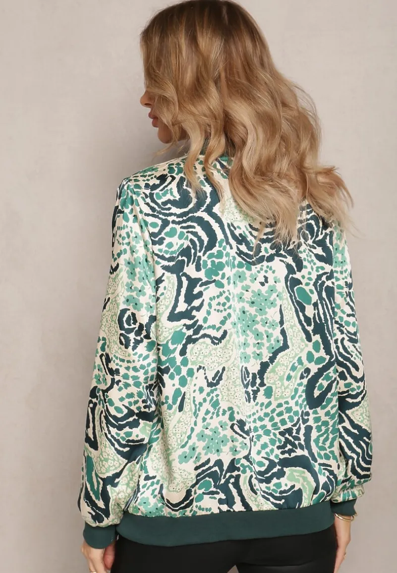 Zielona Bluza w Stylu Bomberki Ozdobiona Abstrakcyjnym Wzorem Terenika
