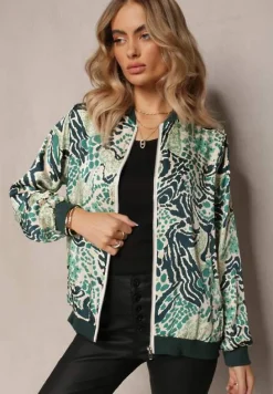 Zielona Bluza w Stylu Bomberki Ozdobiona Abstrakcyjnym Wzorem Terenika