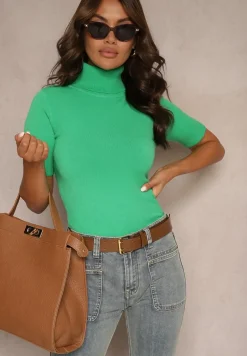Zielona Bluzka Dzianinowa z Golfem Bawełną i Wiskozą oraz Krótkim Rękawem Cialinae