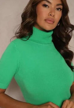 Zielona Bluzka Dzianinowa z Golfem Bawełną i Wiskozą oraz Krótkim Rękawem Cialinae