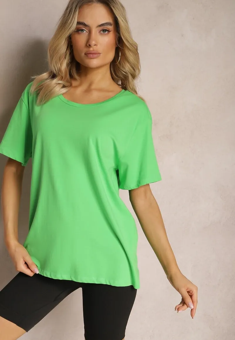 Zielona Bluzka w Stylu T-shirtowym z Okrągłym Dekoltem Lireuma
