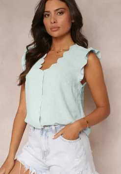 Zielona Bluzka z Ozdobnym Dekoltem i Falbankami przy Ramionach Briara