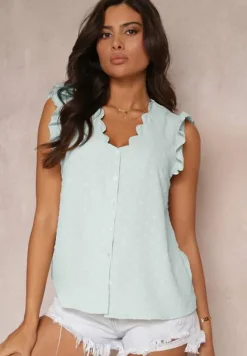 Zielona Bluzka z Ozdobnym Dekoltem i Falbankami przy Ramionach Briara