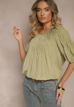Zielona Bluzka z Wiskozą o Fasonie Oversize z Gumkami w Ramionach Alirona