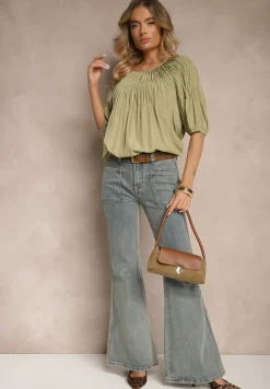 Zielona Bluzka z Wiskozą o Fasonie Oversize z Gumkami w Ramionach Alirona