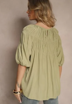 Zielona Bluzka z Wiskozą o Fasonie Oversize z Gumkami w Ramionach Alirona