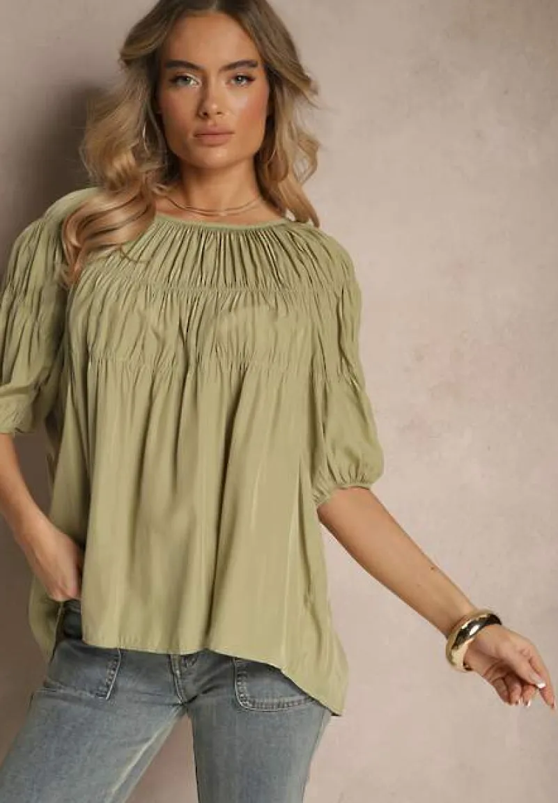 Zielona Bluzka z Wiskozą o Fasonie Oversize z Gumkami w Ramionach Alirona
