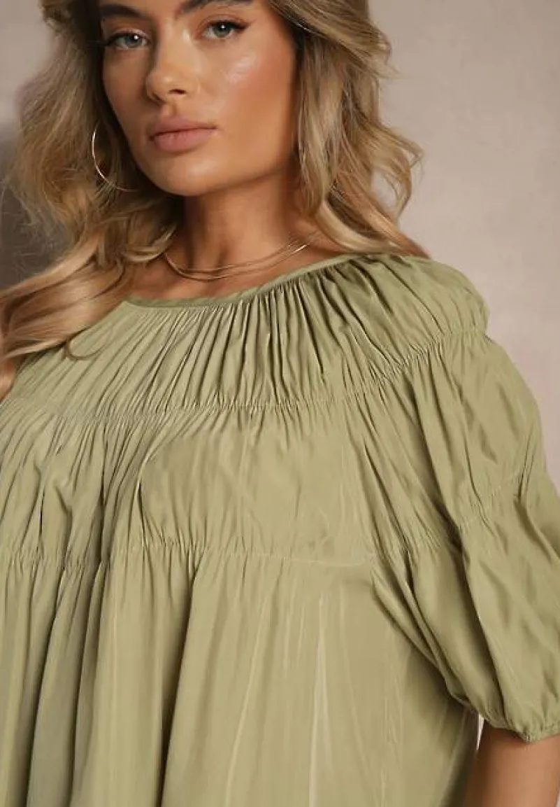 Zielona Bluzka z Wiskozą o Fasonie Oversize z Gumkami w Ramionach Alirona