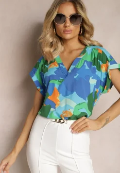 Zielona Bluzka z Wiskozy z Trójkątnym Dekoltem i Abstrakcyjnym Wzorem Duvina