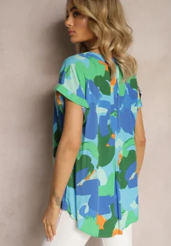 Zielona Bluzka z Wiskozy z Trójkątnym Dekoltem i Abstrakcyjnym Wzorem Duvina