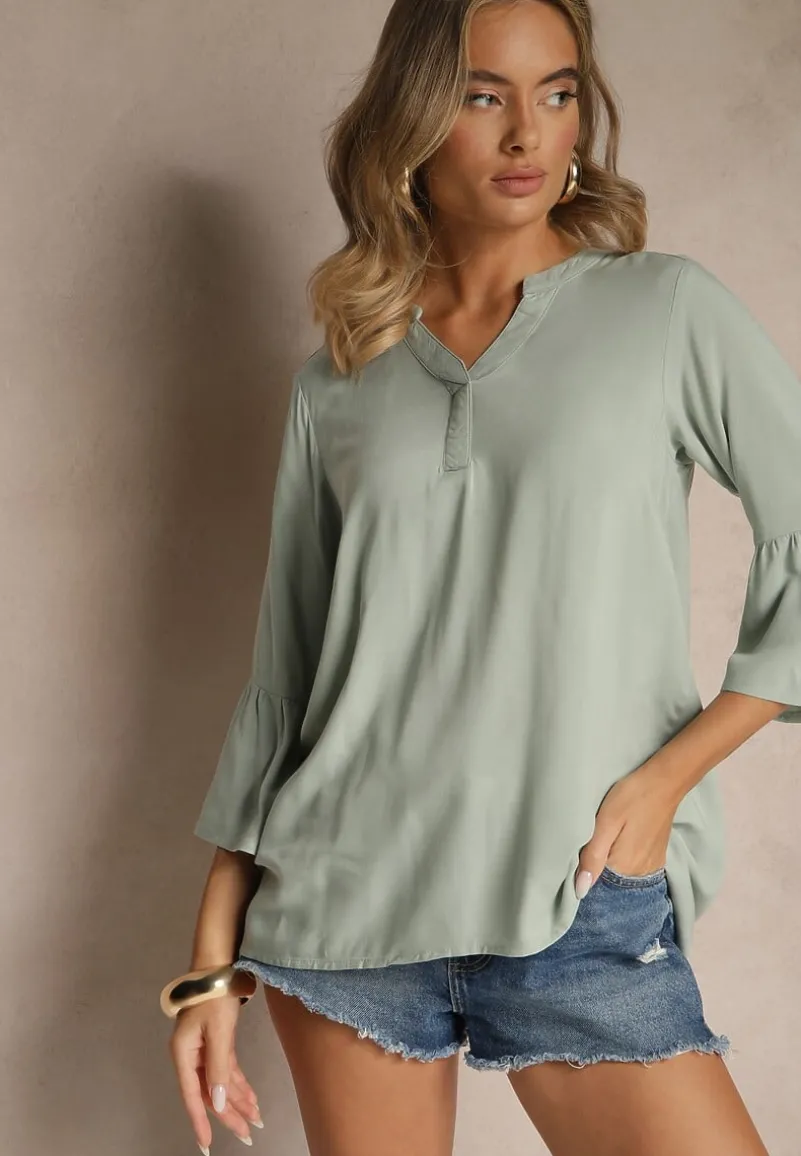 Zielona Bluzka z Wiskozy Ozdobiona Falbankami Ralivia