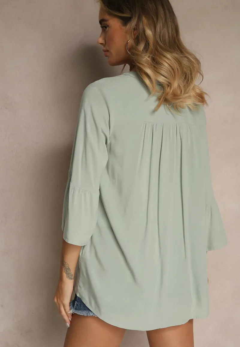 Zielona Bluzka z Wiskozy Ozdobiona Falbankami Ralivia