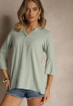 Zielona Bluzka z Wiskozy Ozdobiona Falbankami Ralivia