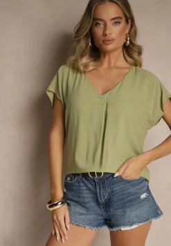 Zielona Bluzka z Wiskozy z Trójkątnym Dekoltem Tilimira