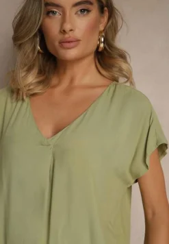 Zielona Bluzka z Wiskozy z Trójkątnym Dekoltem Tilimira