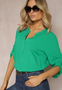 Zielona Bluzka z Wiskozy z Dekoltem Zapinanym na Guziki Sarika