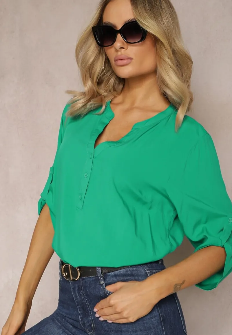 Zielona Bluzka z Wiskozy z Dekoltem Zapinanym na Guziki Sarika