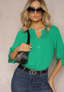 Zielona Bluzka z Wiskozy z Dekoltem Zapinanym na Guziki Sarika