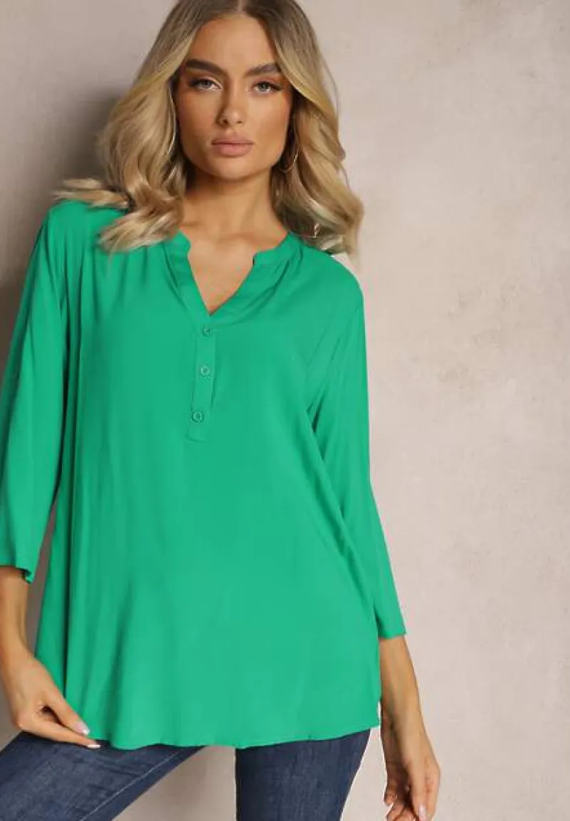 Zielona Bluzka z Wiskozy z Dekoltem Zapinanym na Guziki Sarika