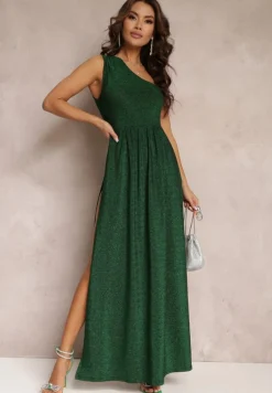 Zielona Brokatowa Sukienka Maxi z Asymetryczną Górą i Rozkloszowanym Dołem Eulita