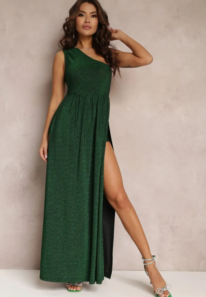 Zielona Brokatowa Sukienka Maxi z Asymetryczną Górą i Rozkloszowanym Dołem Eulita