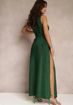 Zielona Brokatowa Sukienka Maxi z Asymetryczną Górą i Rozkloszowanym Dołem Eulita