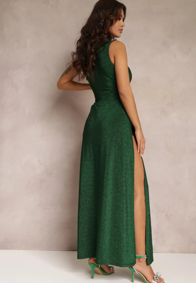 Zielona Brokatowa Sukienka Maxi z Asymetryczną Górą i Rozkloszowanym Dołem Eulita